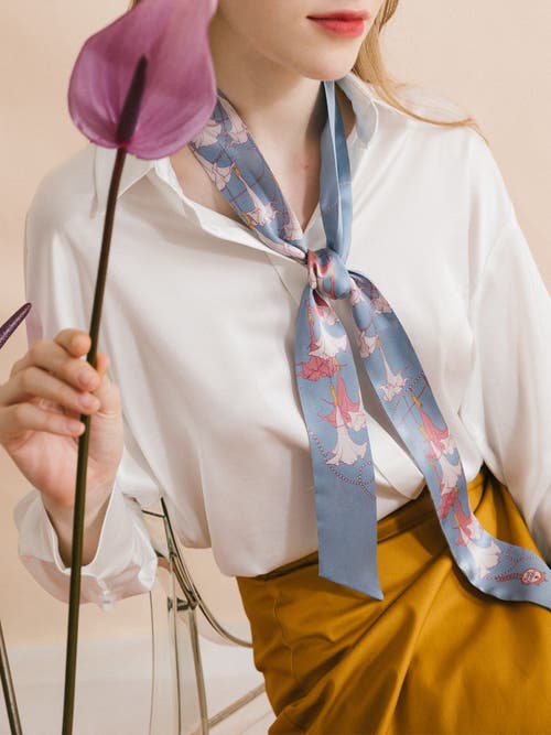 Lost Pattern Nyc "datura" Silk Skinny Scarf In Blue