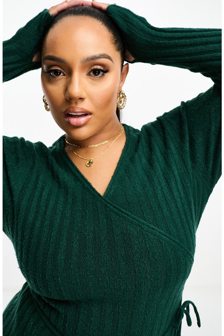 Curve Long Sleeve Midi Wrap Sweater Dress, Alternate, color, DARK GREEN