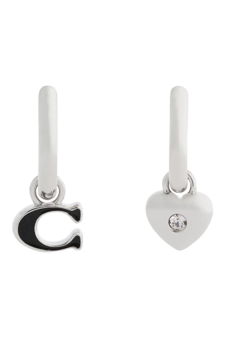 Signature C Mismatch Enamel Drop Huggie Hoop Earrings, Main, color, BLACK/ RHODIUM