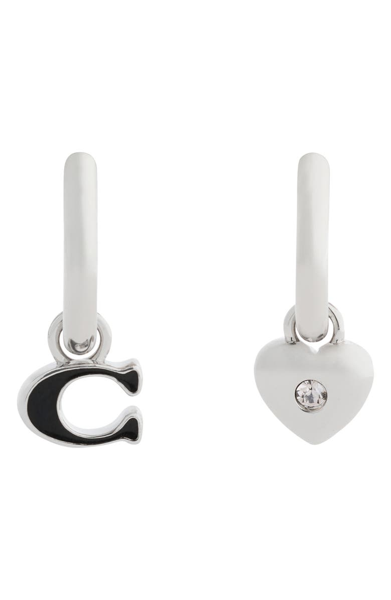COACH Signature C Mismatch Enamel Drop Huggie Hoop Earrings, Main, color, Black/ Rhodium