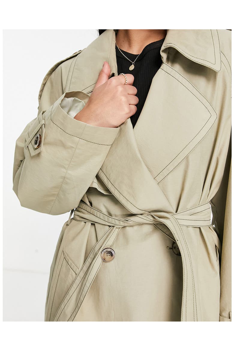 Contrast Stitch Oversize Longline Trench Coat, Alternate, color, LIGHT GREEN