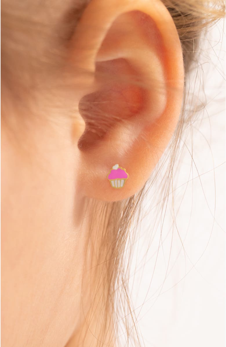 In Season Jewelry 14k Frosted Cupcake Earrings, Alternate, color, Pink
