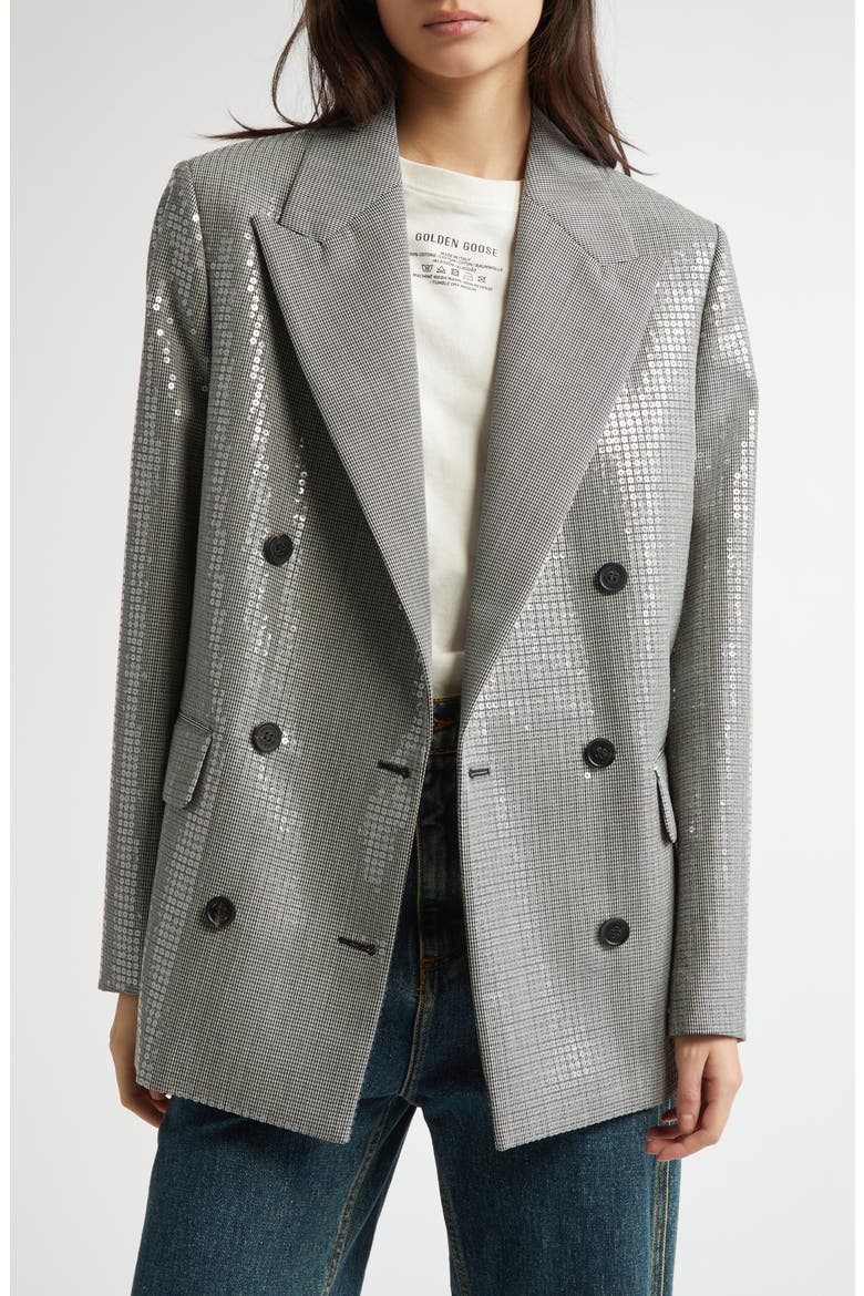 Journey Sequin Microhoundstooth Boyfriend Blazer, Main, color, BLACK/ ANTIQUE WHITE