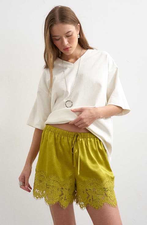 Crinkle Satin & Lace Shorts