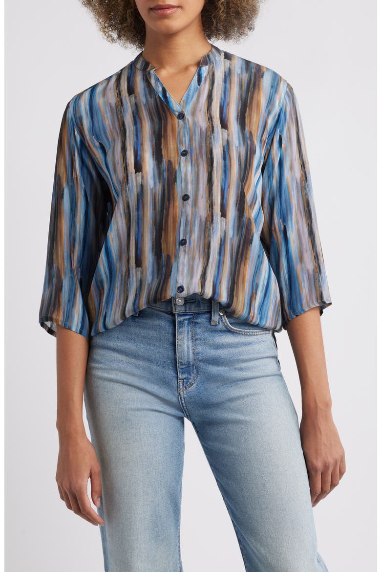 Stripe Three Quarter Sleeve Cupro Blend Button-Up Shirt, Main, color, LIGHT BLUE MULTI