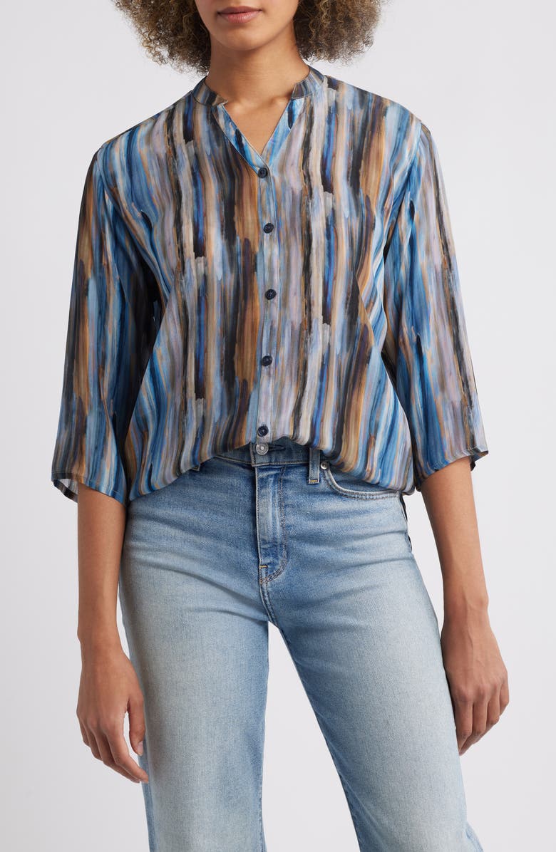 APNY Stripe Three Quarter Sleeve Cupro Blend Button-Up Shirt, Main, color, Light Blue Multi