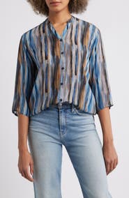 APNY Stripe Three Quarter Sleeve Cupro Blend Button-Up Shirt