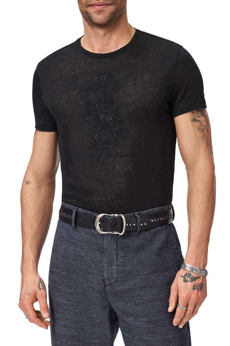 Rose Vine Embroidered Linen T-Shirt, Main, color, BLACK