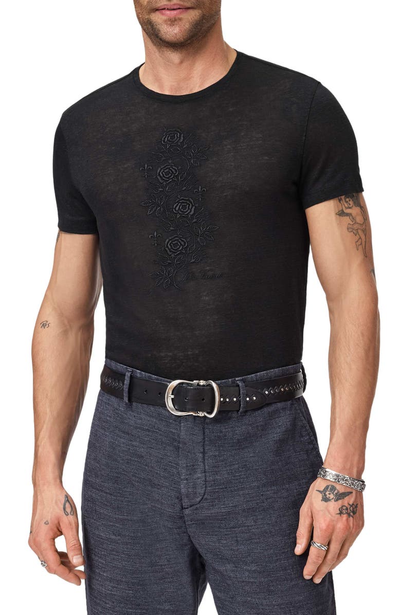 John Varvatos Rose Vine Embroidered Linen T-Shirt, Main, color, Black