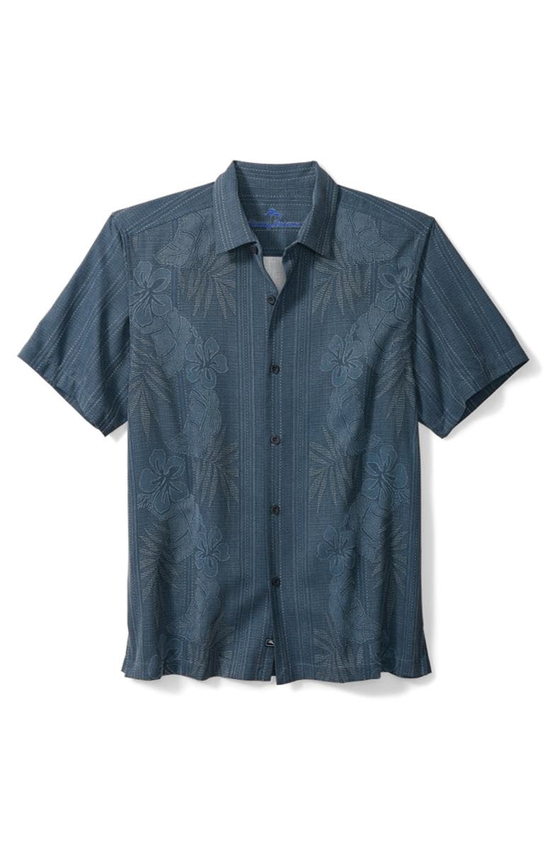 Tommy Bahama Bali Border Floral Jacquard Short Sleeve Silk Button-Up Shirt, Main, color, Navy