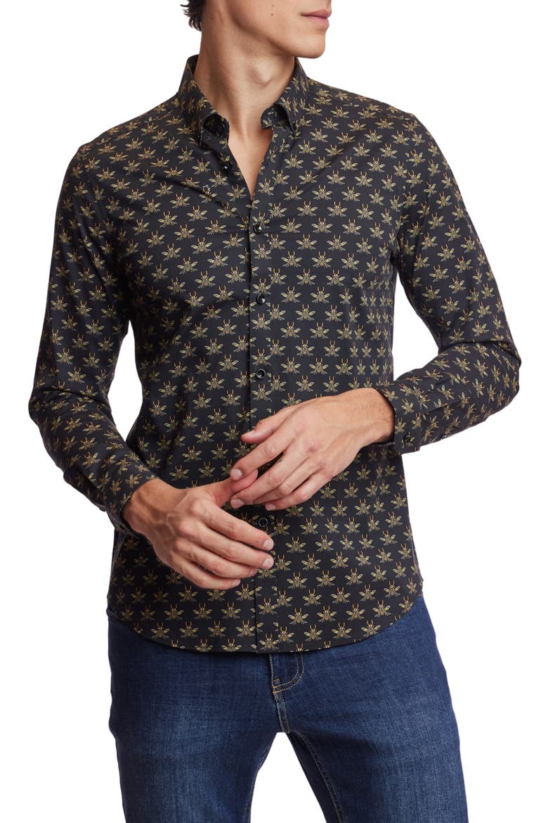 Brian Beetle Print Stretch Cotton Dress Shirt, Alternate, color, BLACK BEES