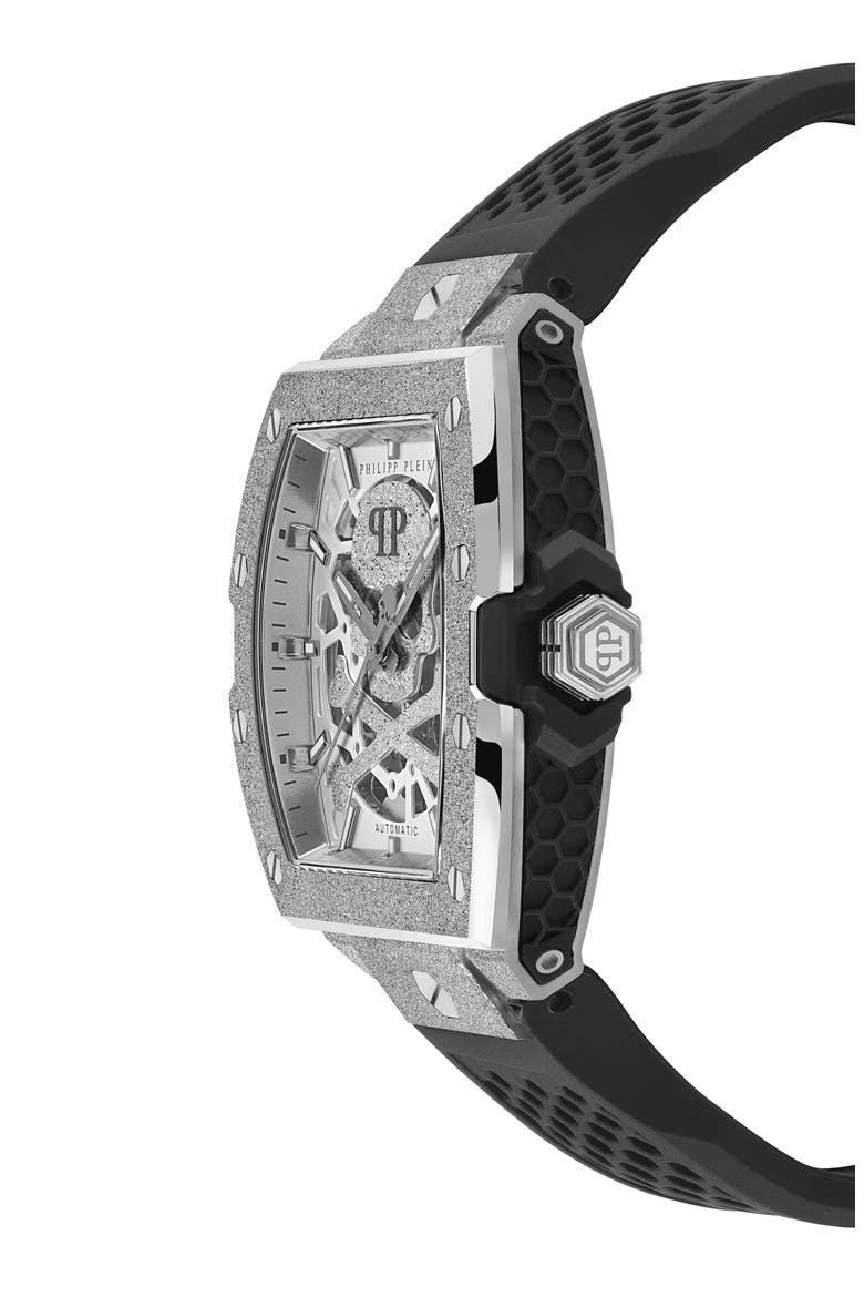 The Skeleton Frosted Silicone Strap Watch, 44mm, Alternate, color, STAINLESS STEEL