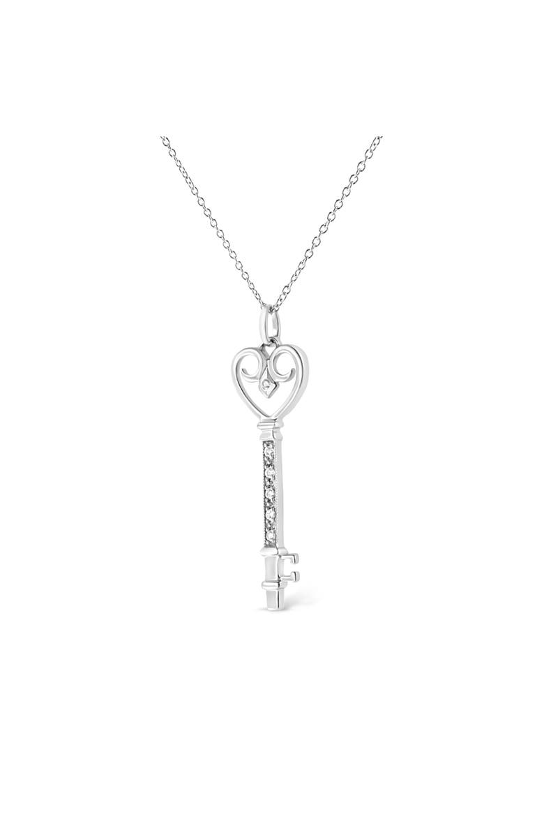 Silver Pave and Bezel-Set Diamond Accent Key Heart and Lock Pendant Necklace, Alternate, color, White