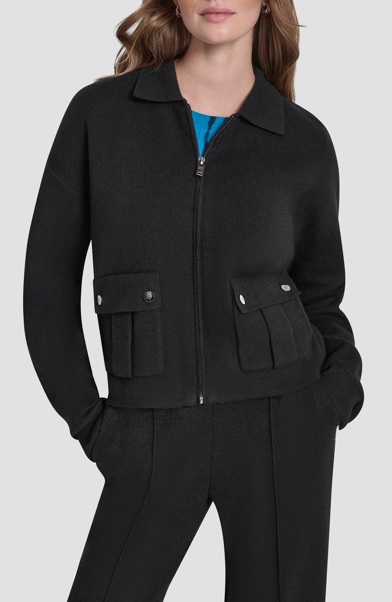 DKNY Collared Zip Cardigan, Main, color, Black