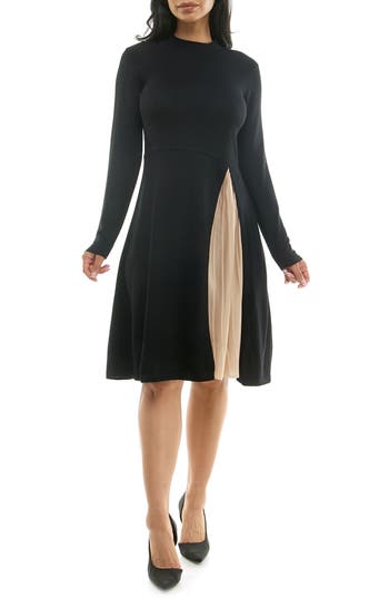 Nina Leonard Pleated Long Sleeve Sweater Dress In Black/tan