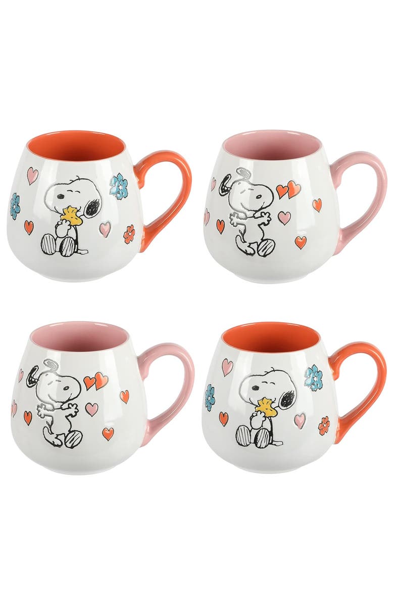 PEANUTS Mothers Baby 4 Piece 20 Ounce Stoneware Belly Mug Set and Pink, Main, color, White