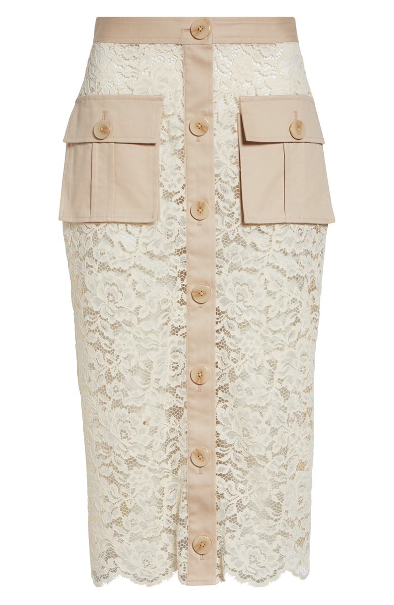 L'AGENCE Shae Mixed Media Cotton Blend Lace Skirt, Main, color, Biscuit/ Ecru