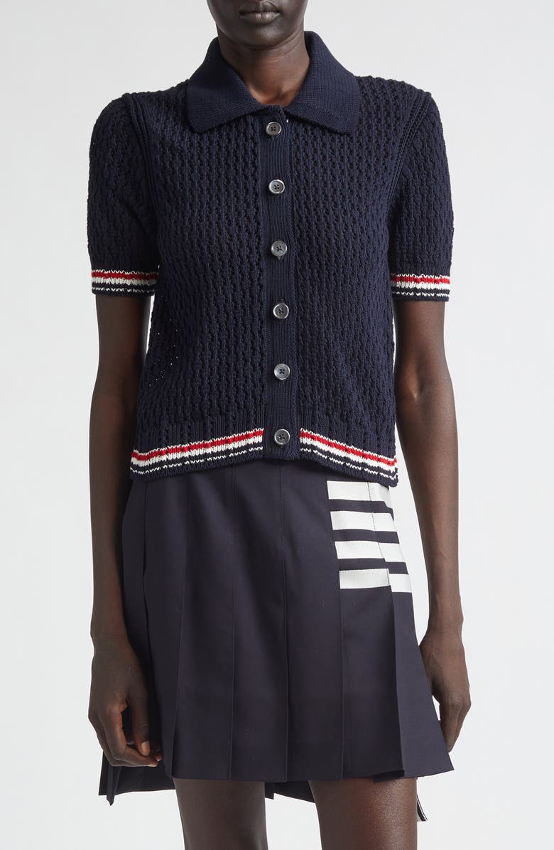 Thom Browne Hector Icon Pointelle Stitch Crop Cardigan, Main, color, Navy