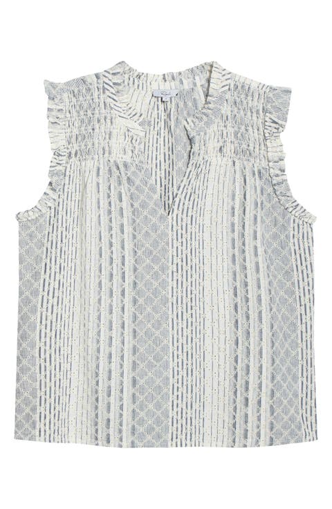 Arlene Eyelet Embroidered Linen Blend Ruffle Shoulder Top