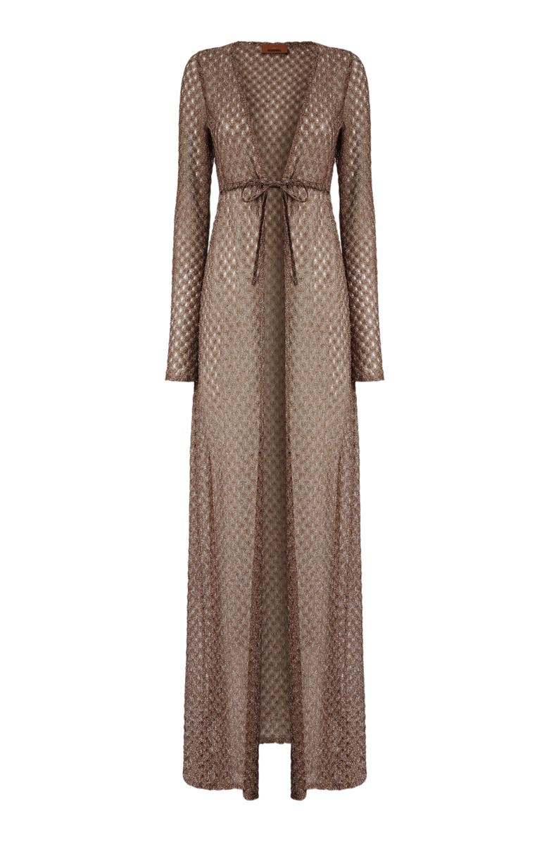 Missoni Long Cardigan In Lamé Viscose With Spiderweb Motif, Alternate, color, Brown