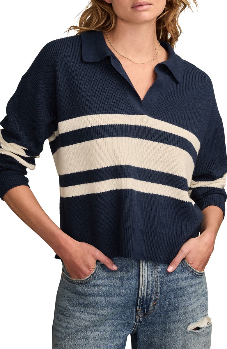 Lucky Brand Stripe Rugby Polo Sweater, Main, color, Ocean Deep