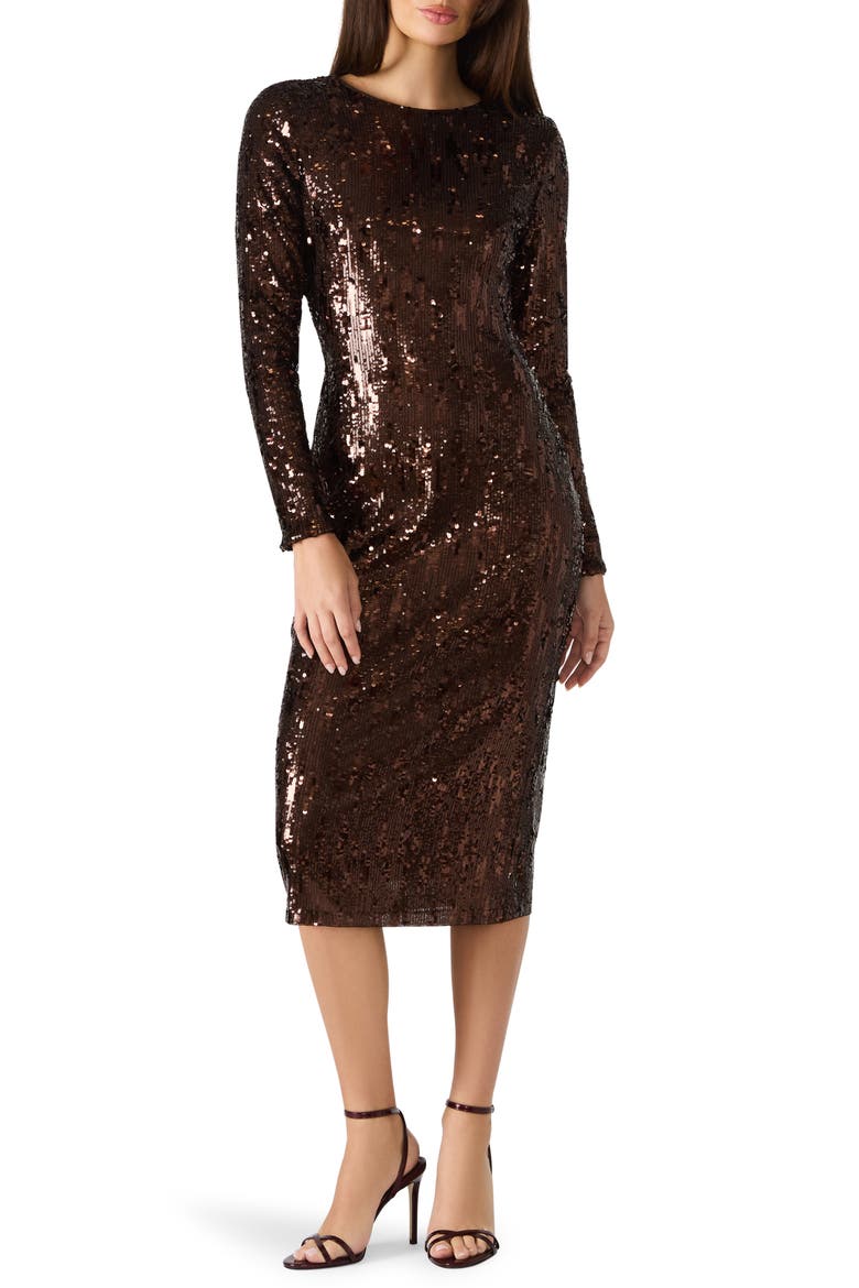 Hailee Sequin Long Sleeve Midi Dress, Main, color, BROWN
