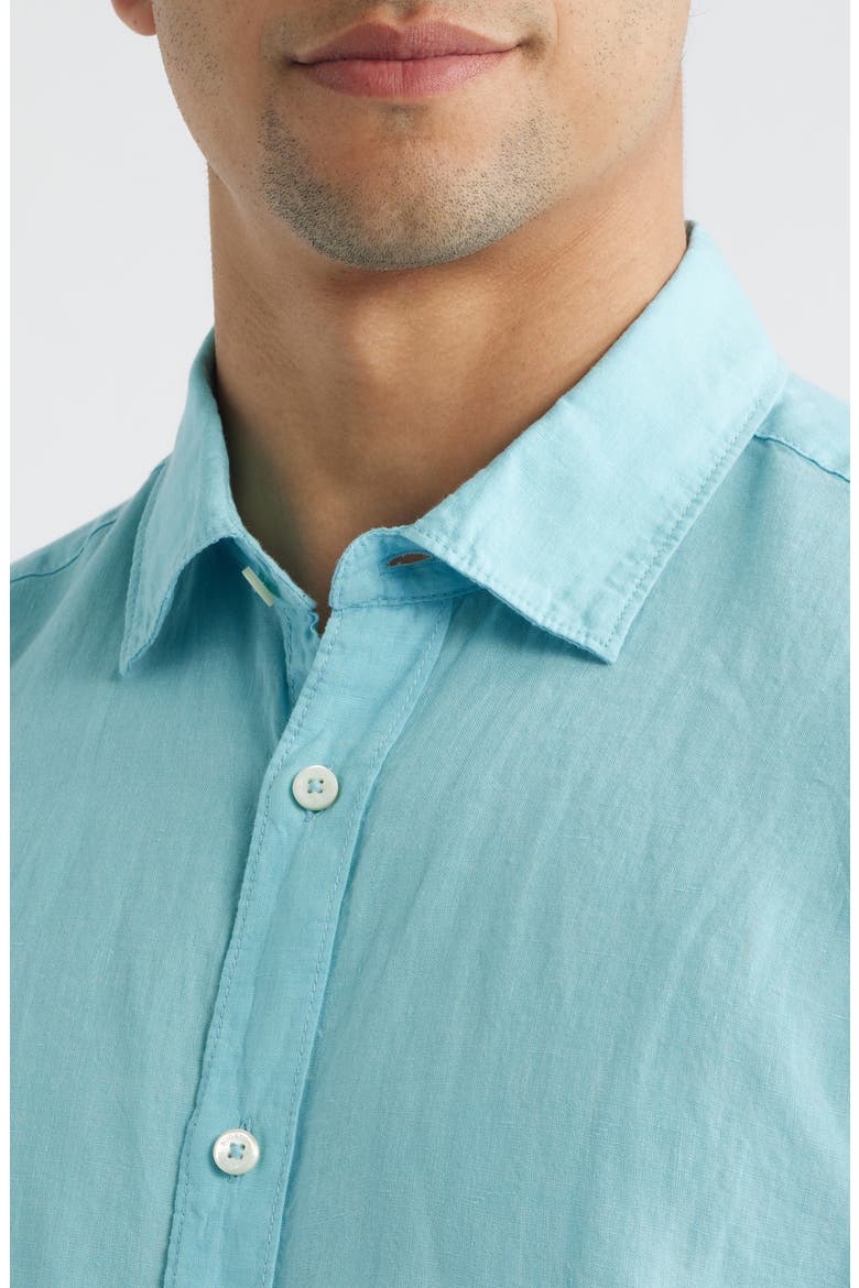 Orson Shaped Fit Short Sleeve Linen Button-Up Shirt, Alternate, color, TURQUOISE