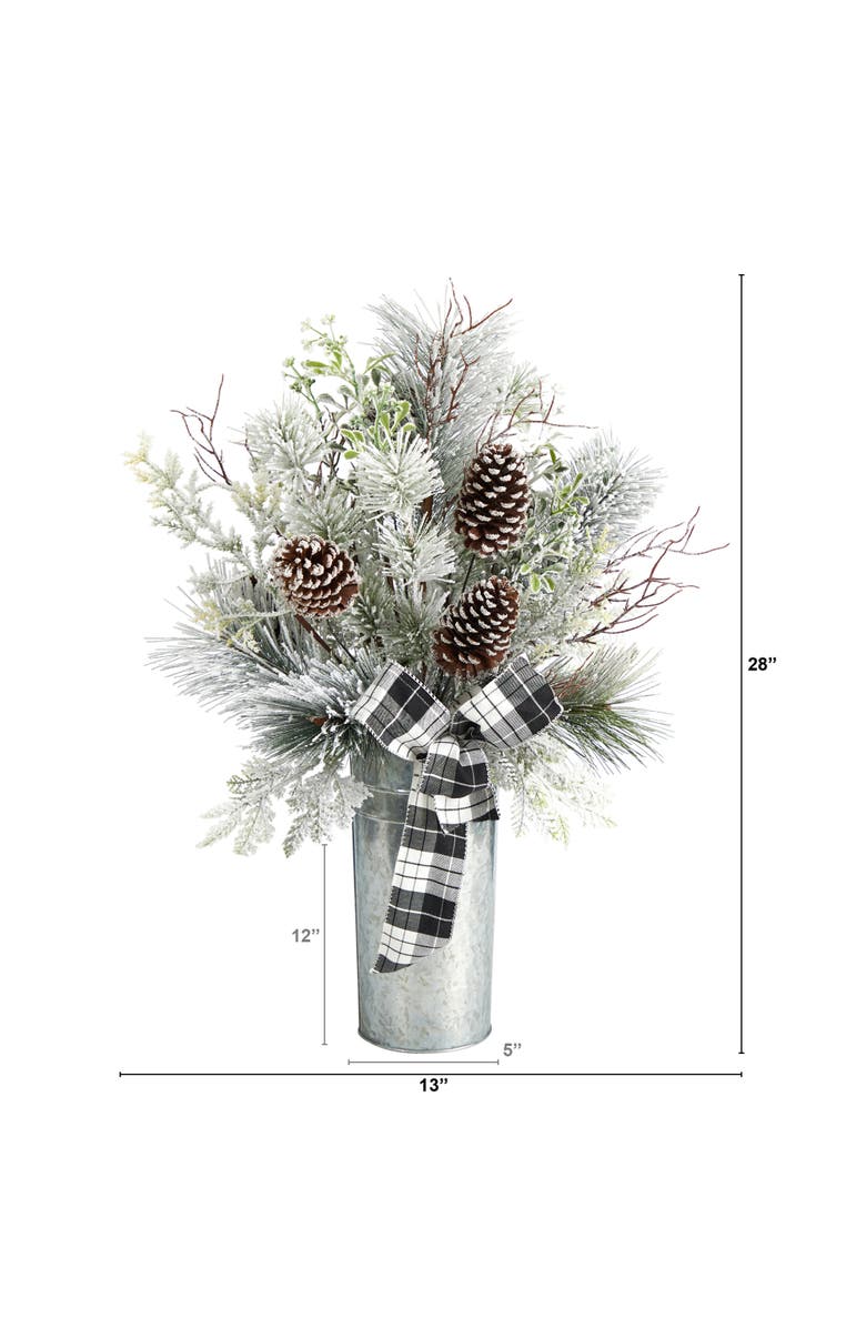 NEARLY NATURAL 28-in Frosted Greenery and Pinecone with Plaid Bow Artificial Christmas Arrangement in Decorative Tin, Alternate, color, Silver