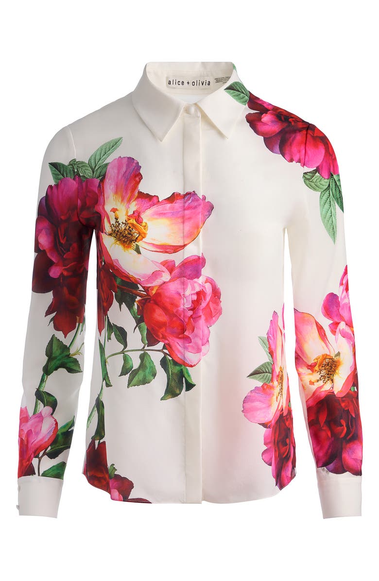 Alice + Olivia Willa Floral Silk Button-Up Shirt, Alternate, color, 