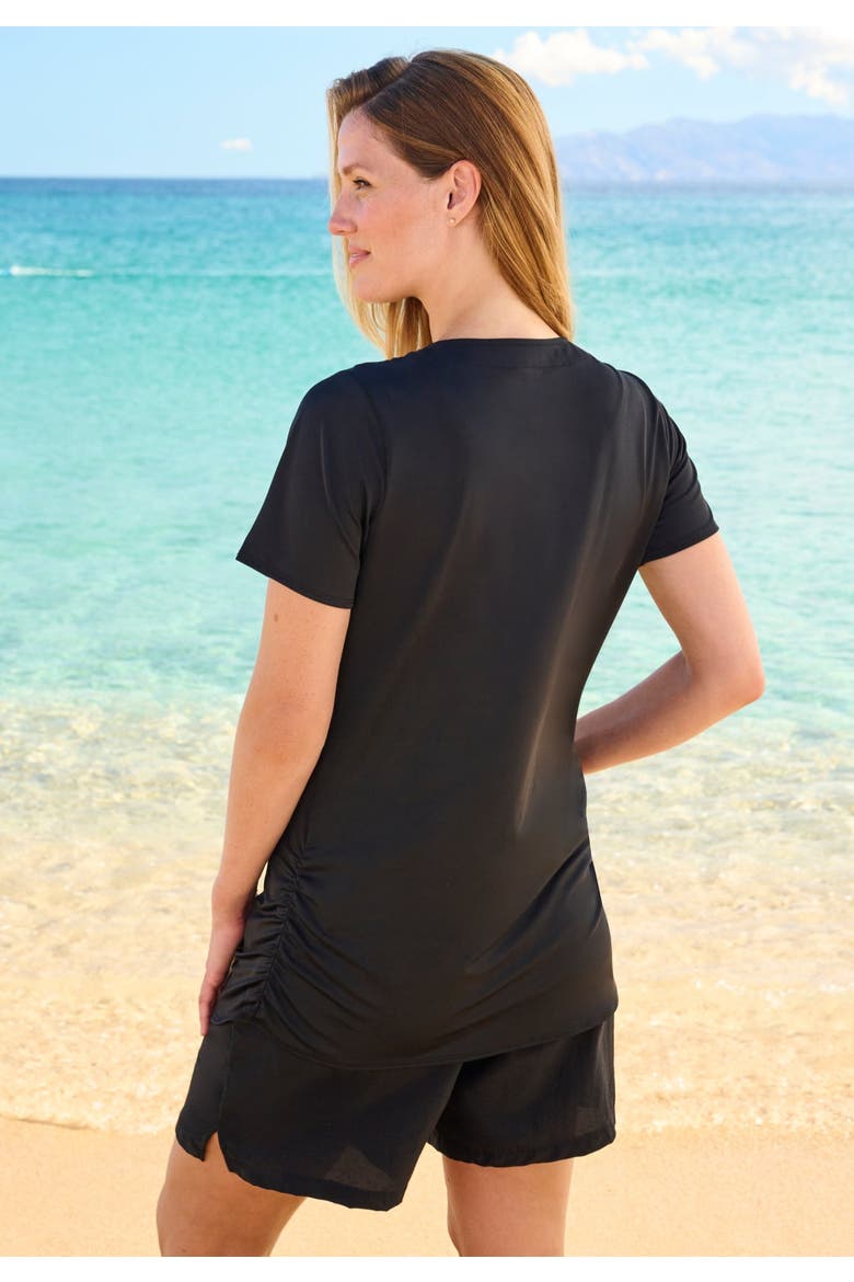 Split Neck Short Sleeve Swim Tee With Built In Bra, Alternate, color, BLACK