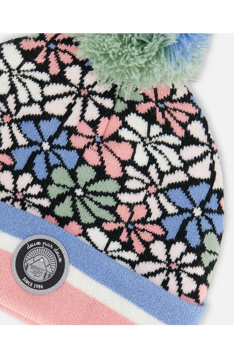 Deux par Deux Girl's Knit Hat Blue, Pink And White Retro Flowers, Alternate, color, Flowers Jacquard