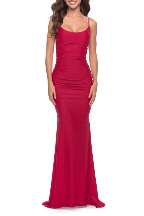 Intricate Lace Up Back Jersey Gown with Ruching
