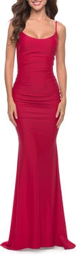 La Femme Intricate Lace Up Back Jersey Gown with Ruching