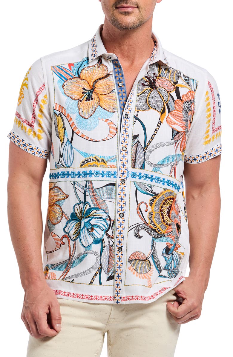 Robert Graham Manzu Tropical Short Sleeve Button-Up Shirt, Main, color, 