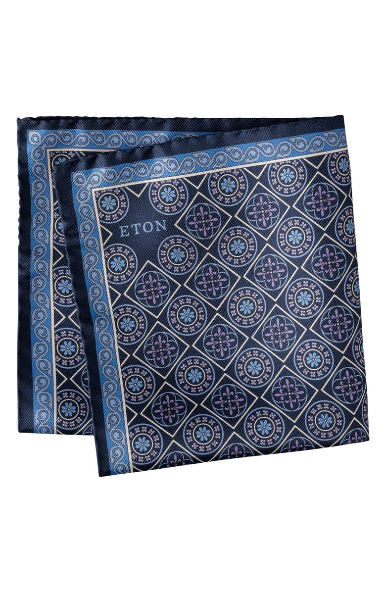 Eton Medallion Silk Pocket Square, Main, color, Dark Blue