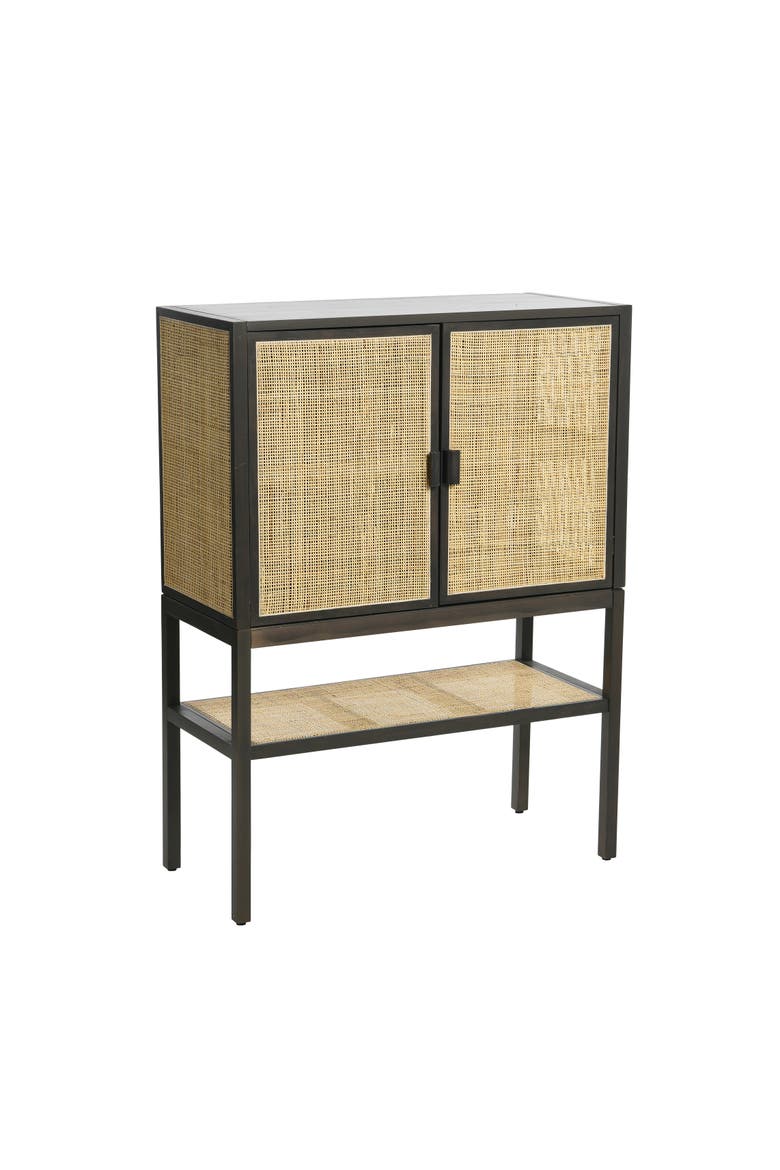 Boho Woven Rattan and Wood Cabinet with 2 Doors, 1 Shelf, and 4 Interior Storage Compartments, Grey and Natural, Main, color, Grey