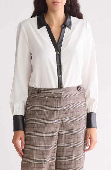 Ellen Tracy Faux Leather Trim Boyfriend Shirt