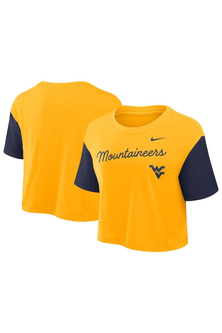 Women's Nike Gold/Navy West Virginia Mountaineers Color-Block Script Performance Cropped T-Shirt, Alternate, color, Gold