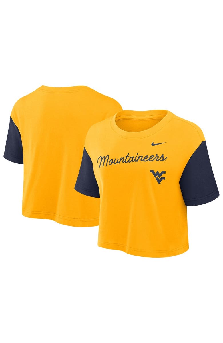 Nike Women's Nike Gold/Navy West Virginia Mountaineers Color-Block Script Performance Cropped T-Shirt, Alternate, color, 