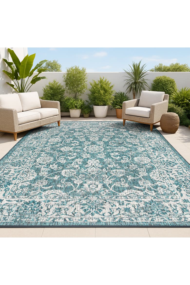 Tela Bohemian Textured Weave Floral Indoor/Outdoor Area Rug, Alternate, color, Teal/Gray