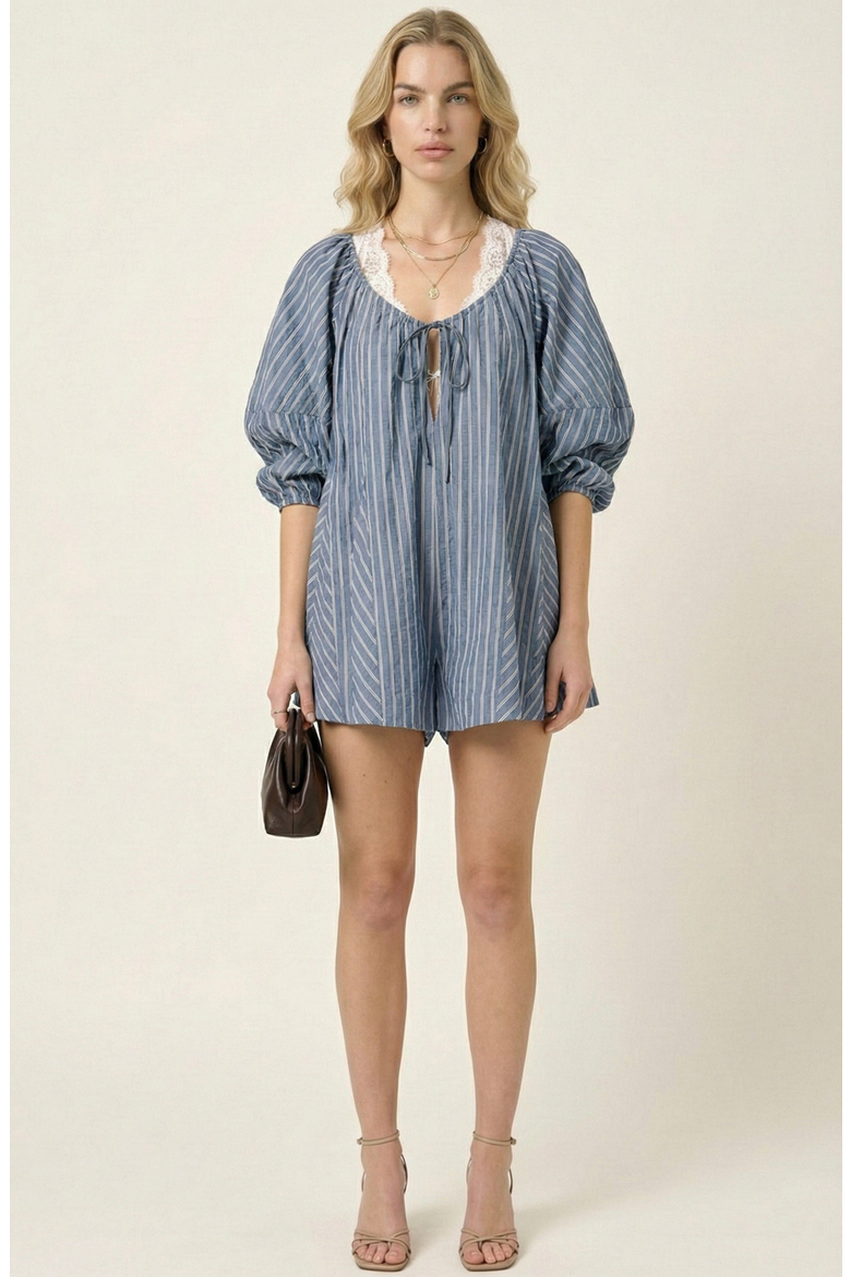 Striped V-Neck Tie Front Romper, Main, color, Slate Blue
