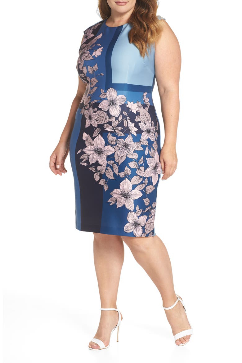 Print Scuba Body-Con Dress, Main, color, BLUE/ BLUSH FLORAL