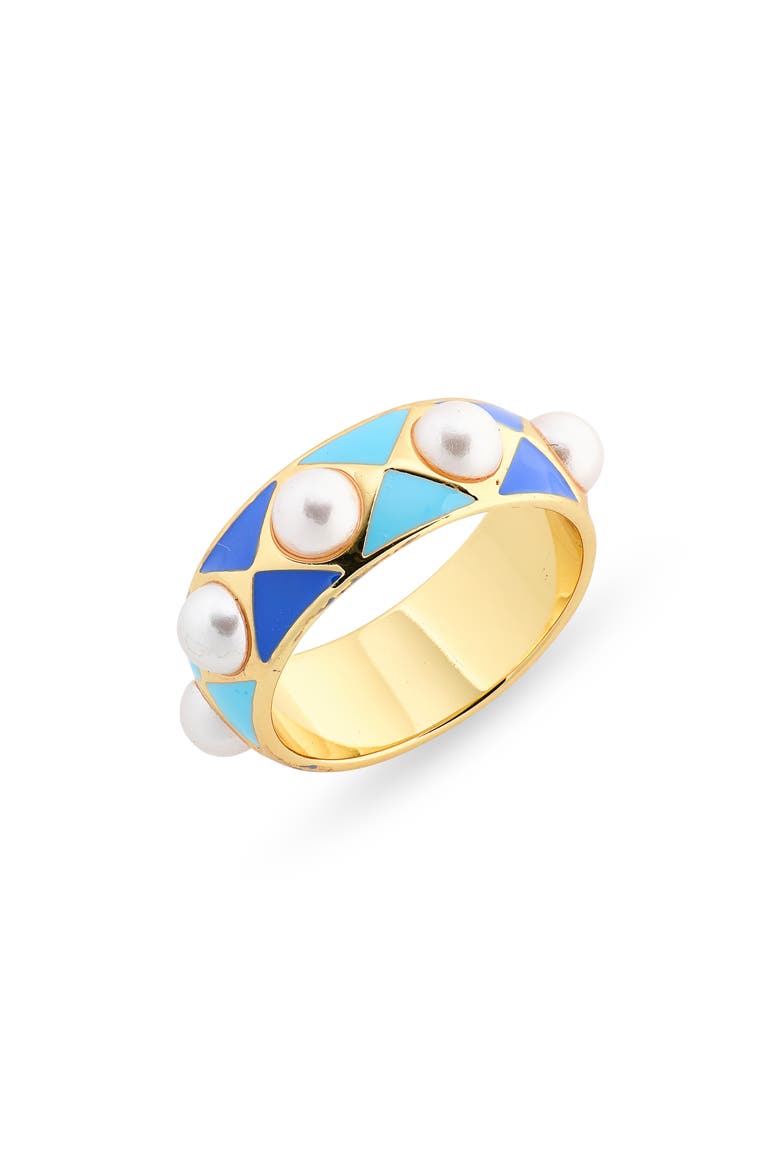 Faux Pearl & Enamel Band Ring, Main, color, BLUE- MULTI GOLD