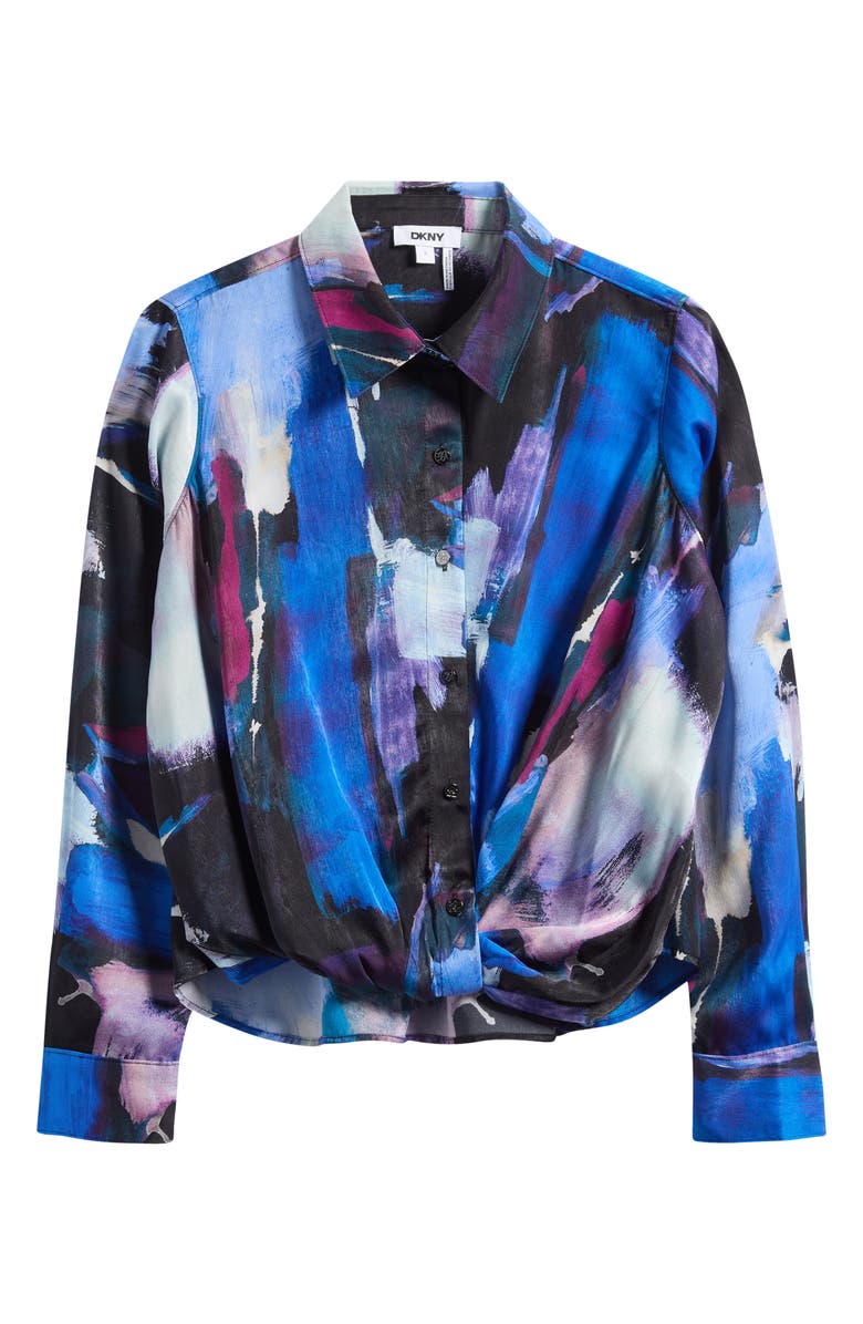 DKNY Printed Satin Button-Up Shirt, Alternate, color, Blue Brush