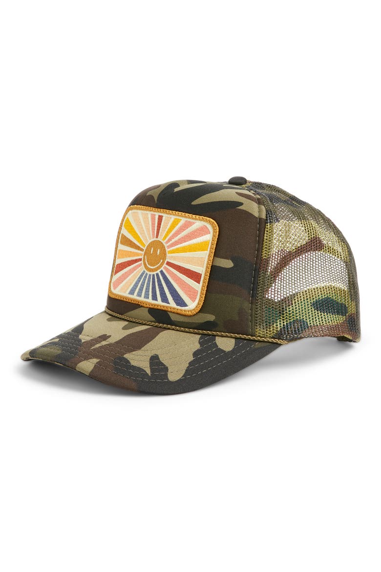 Sunray Smile Patch Trucker Hat, Main, color, CAMO