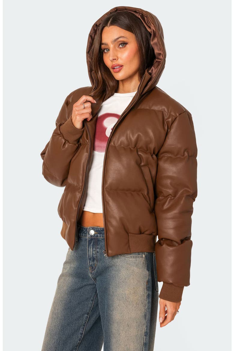 Wintry Faux Leather Hooded Puffer Jacket, Alternate, color, BROWN
