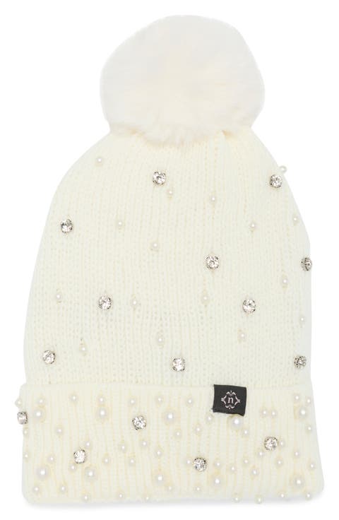 Scattered Embellished Faux Fur Pompom Beanie