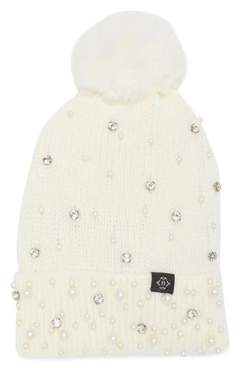 Nanette Lepore Scattered Embellished Faux Fur Pompom Beanie In White