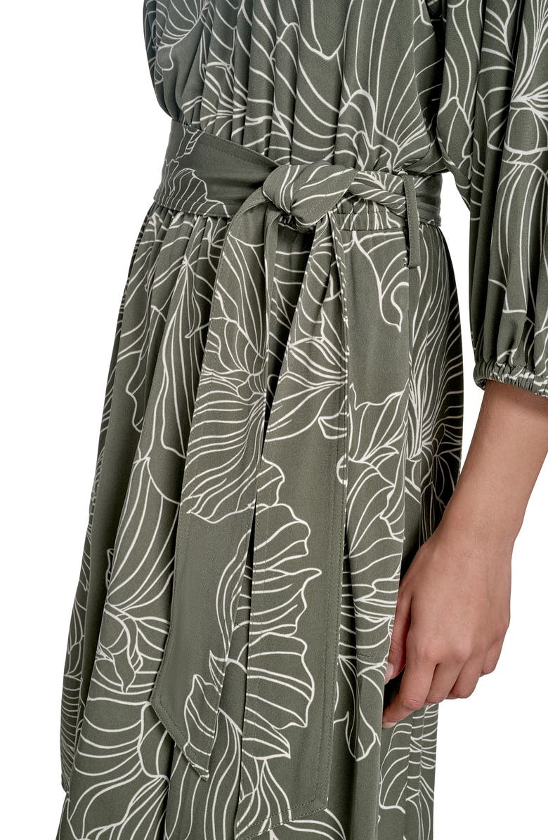 Calvin Klein Floral Balloon Sleeve Tie Waist Dress, Alternate, color, Caper/ Anitque White