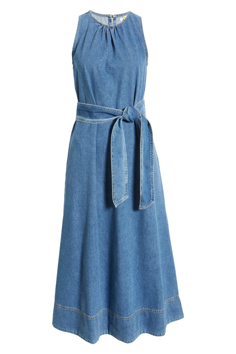 Belted Nonstretch Denim Midi Dress, Alternate, color, MID VINTAGE DENIM